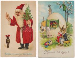 13 db RÉGI motívum képeslap: üdvözlő, lithok is, nyuszik, Mikulás / 13 pre-1945 motive postcards: gr...