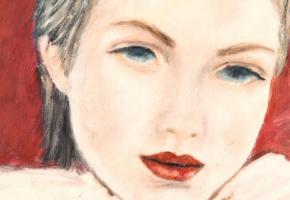 Jelzés nélkül: Vörös ajkak, fehér sál. Olaj, vászon. 50x40 cm