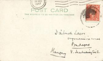 1947 Victor János református lelkész, teológia tanár levelezőlapja Angliából Dálnok Lajos orgonaművésznek