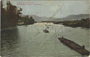 1913 Ruttka, Vrútky; Vág folyó, tót tutajosokkal. Feitzinger Ede No. 844. / Váh river, rafters (Rb)