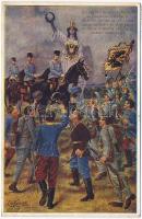 Életünket, vérünket a Királyért / Gut und Blut für unseren Kaiser! / WWI Austro-Hungarian K.u.K. military art postcard, Franz Joseph I of Austria, patriotic propaganda, flags. O.K.W. 4013. s: Ed. Kubicek (EK)