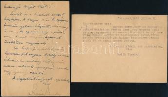1926 Raith Tivadar (1893-1958) író, költő, szakíró, a Magyar Írás szerkesztőjének saját kézzel írt és gépelt levelezőlapjai, az egyiken aláírásával, Major Máté (1904-1986) Kossuth-díjas építész részére.