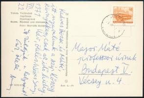1971 Weöres Sándor (1913-1989) és Károlyi Amy (1909-2003) költő üdvözlő sorai Kőszegről, Major Máté (1904-1986) Kossuth-díjas építész részére, Weöres Sanyi és Károlyi Amy saját kezű aláírásaival.