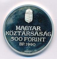 1990. 500Ft Ag "Kölcsey Ferenc" tanúsítvánnyal, eredeti dísztokban T:1- (PP) ujjlenyomatos...
