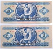 1949. 20Ft (2x) sorszámkövetők "C 450 097710", "C 450 097711", nyomdai papírráncokkal T:I,I- / Hungary 1949. 20 Forint (2x) sequential serials "C 450 097710", "C 450 097711", with typografical creases C:UNC,AU Adamo F10
