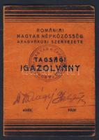1942 Romániai Magyar Népközösség Aradvárosi Szervezete Tagsági igazolvány 7 db 10Lei tagsági bélyeggel