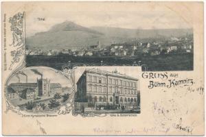 1899 Ceská Kamenice, Böhmisch Kamnitz; Total, Fürst Kynskische Brauerei, Volks & Bürgerschule / general view, brewery, beer factory, school. Verlag v. Johann Wenzel. Art Nouveau, floral (wet damage)