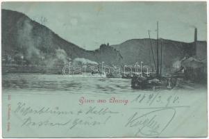 1898 Ústí nad Labem, Aussig; general view, barges, castle (wet damage)