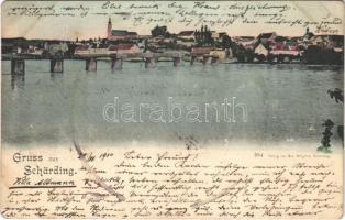 1900 Schärding, general view, bridge. Verlag v. Max Weiglein (wet damage)