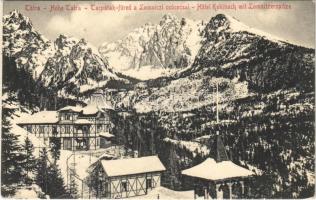 1924 Tátra, Magas-Tátra, Vysoké Tatry; Tarpatak-füred a Lomnici-csúccsal télen / Hotel Kohlbach mit Lomnitzerspitze / hotel, mountain peak, winter (EK)