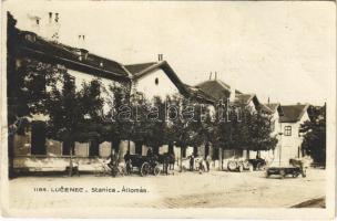 1930 Losonc, Lucenec; Stanica / Vasútállomás, automobil, kerékpár, lovaskocsi / railway station, automobile, bicycle, horse-drawn carriage (szakadás / tear)