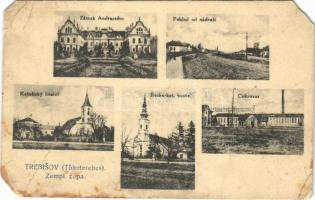 1924 Tőketerebes, Trebisov; Zámek Andrássiho, Pohled od nádrazí, Katolicky kostel, Recko-kat. kostel, Cukrovar / Andrássy kastély, vasútállomás, Római katolikus templom, Görögkatolikus templom, cukorgyár. J. S. Beránek kiadása / castle, railway station, Catholic church, Greek Catholic church, sugar factory (EM)