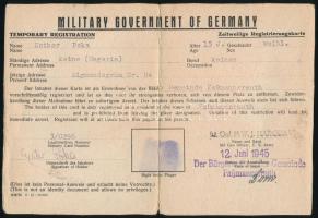 1945 Németországi amerikai katonai kormányzat által kiadott lakcímkártya, magyar menekült részére, újlenyomattal.