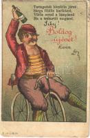 1901 Boldog Új évet! Részeg biciklis, humor / New Year greeting, drunk man on bicycle, humour. E.u.V. L.S.W. litho (fa)