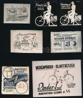 cca 1947 Kerékpárral kapcsolatos reklám grafikák és hirdetések, 7 db vintage fotó/és vagy későbbi nagyítás Fekete György (1904-1990) budapesti fényképész hagyatékából, ezekről készültek a mozikban vetített reklámdiák, 4,8x6,5 cm és 9x12 cm között