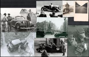 Különböző időpontokban és eltérő helyszíneken készült felvételek régi automobilokról, 8 db fotó, köztük vintage fotók és/vagy mai nagyítások, városi forgalomban és/vagy filmek forgatásán, 6,5x5,4 cm és 11,8x17,2 cm