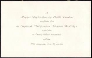 1956 A Magyar Népköztársaság Elnöki Tanácsának meghívója az Egyházak Világtanácsa Központi Bizottsága tiszteletére, az Országházban rendezett ebédre, 1956. aug. 13., magyar, francia és angol, a címeres lapon papír nyomokkal.
