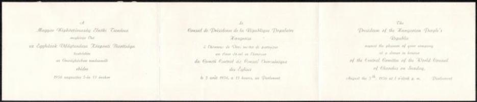 1956 A Magyar Népköztársaság Elnöki Tanácsának meghívója az Egyházak Világtanácsa Központi Bizottság...
