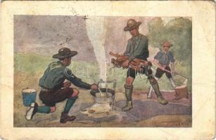 1934 Fő a gulyás. A Magyar Lapvállalat kiadása. Apostol nyomda / Hungarian boy scout art postcard, scout camp s: Juszkó (fa)