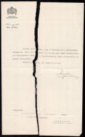 1928 Főerdőtanácsosi cím adományozó irat, erdőmérnök részére, rajta Mayer János (1871-1955) földművelésügyi miniszter (Bethlen-kormány, 1924-1931) aláírásával, fejléces papíron, ketté szakadt.