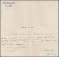 1939. dec. 24 Radó Antal (1862-1944) író, költő, irodalomtörténész, a Magyar PEN Club elnökének auto...