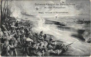 1915 Schwere Kämpfe der Verbündeten in den Karpathen / Nagy harcok a Kárpátokban / WWI German and Austro-Hungarian K.u.K. military art postcard. M.B.L. 60. (EK)
