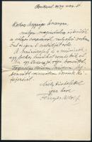 1939. nov. 11 Fényes Adolf (1867-1945) festőművész autográf kondoleáló levele Gerő Ödönnének, Gerő Ödön (1863-1939), a Pester Lloyd műkritikusa özvegyének: (...) A művészetek és a művészek egy lelkes hívüket vesztették el. Én egy kedves, jó, régi barátot (...) Egy kézzel írt oldal Fényes Adolf autográf aláírásával, eredeti borítékban.