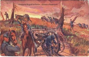 Artillerie-Angriff im Osten. Schwere Haubitzen / WWI Austro-Hungarian K.u.K. military art postcard. LP. 2421. (b)