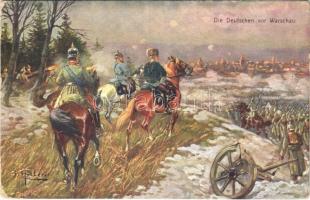 Die Deutschen vor Warschau / WWI German military art postcard, German troops before Warsaw s: F. Höllerer (EK)