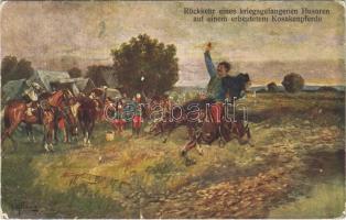 1916 Rückkehr eines kriegsgefangenen Husaren auf einem erbeutetem Kosakenpferde / WWI Austro-Hungarian K.u.K. military art postcard s: F. Höllerer (EK)