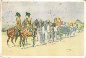 1934 Cigányok. M. kir. Csendőrség Emlékbizottsága kiadása / Hungarian military art postcard, gendarme with Gypsies s: Garay (kopott sarkak / worn corners)