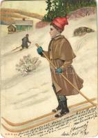 1901 Ski, winter sport art postcard. N.W.D. & S. litho (kopott sarkak / worn corners)