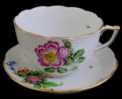 Herendi virágmintás porcelán csésze aljjal, kézzel festett, jelzett, hibátlan, d: 14 cm, m: 7 cm
