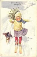 Boldog Karácsonyi ünnepeket! / Christmas greeting winter sport art postcard, ski. B.K.W.I. 2991-4. s: K. Feiertag (EK)