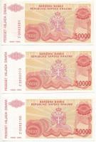 Horvátország / Krajna Szerb Köztársaság / Knin 1993. 50.000D (3x) érdekes sorszámokkal "Z 00020...