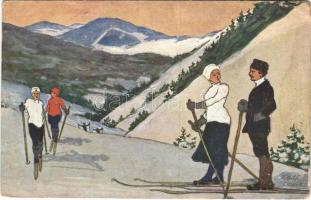 1921 Ski, winter sport art postcard. Kunstverlag Rehn & Linzen (szakadás / tear)