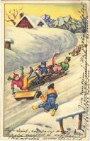1932 Sledding, bobsled, bobsleigh, winter sport art postcard. Verlag A. Ruegg Editeur 546. artist signed