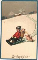 Boldog Újévet! / New Year greeting winter sport art postcard with sled and pigs. HWB Ser. 1168. litho (kopott sarok / worn corner)