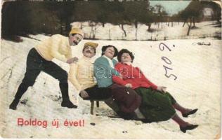 1914 Boldog Újévet! / New Year greeting card with sled and romantic couple, winter sport (EK)