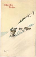 Glückliches Neujahr! / New Year greeting winter sport art postcard, sled, humour. B.K.W.I. 2546-3. s: R. Pick