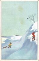 Children with sled, winter sport art postcard. WSSB 9005. (fl)
