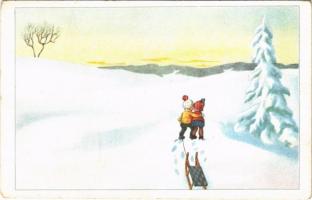 Children with sled, winter sport art postcard. WSSB 9037/1. (EK)
