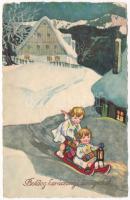 Boldog karácsonyi ünnepeket / Christmas greeting art postcard, children with sled, winter sport. L&P 2347. (kopott sarok / worn corner)