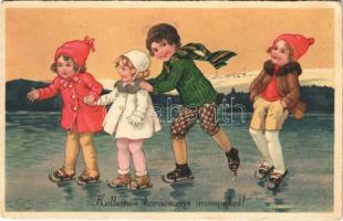 Kellemes karácsonyi ünnepeket! / Christmas greeting winter sport art postcard, ice skating children. B. Co. B. 2122/2. (fl)