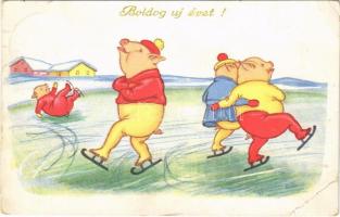 Boldog Újévet! / New Year greeting winter sport art postcard, ice skating pigs, humour (EB)