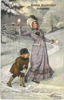 1919 Boldog Karácsonyi ünnepeket / Christmas greeting art postcard, snowball fight, winter sport. W.R.B. & Co. Serie Nr. 22-153. s: H. Schubert (EK)