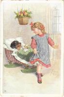 1919 Girl with Dachshund dog, Children art postcard. B.K.W.I. 588-4. s: J. Kränzle (EK)