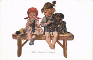 Aller Anfang ist schwer / Romantic children couple with Dachshund dog. B.K.W.I. 503-1.