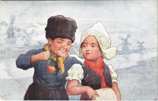 1917 Children art postcard, romantic couple. B.K.W.I. 725-2. s: K. Feiertag (EK)