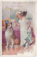 1924 Children art postcard, girl with cat and dog. B.K.W.I. 469-5. s: K. Feiertag (Rb)